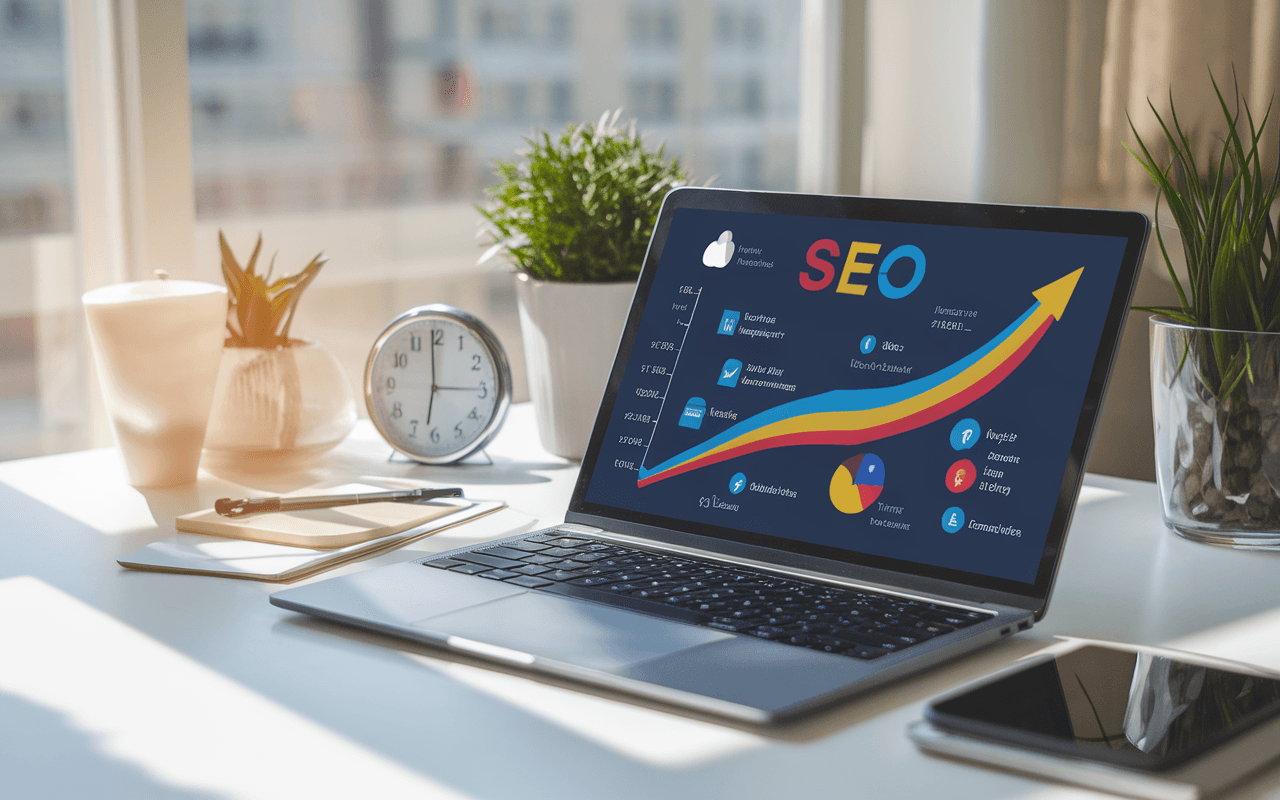 Un bureau moderne avec un ordinateur portable affichant un graphique SEO croissant, des icônes de mots-clés et backlinks, avec une horloge montrant 2025 en arrière-plan.