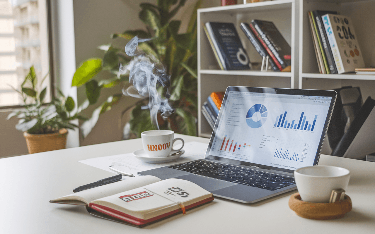 Bureau moderne avec ordinateur affichant graphiques SEO, carnet avec mots-clés stratégie seo en évidence, tasse de café, livres marketing digital en arrière-plan.