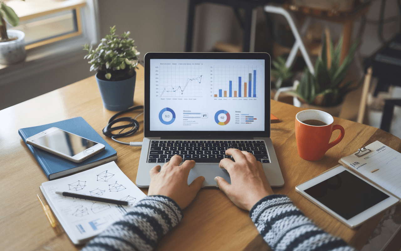 Bureau moderne illustrant la stratégie SEO avec un ordinateur affichant des graphiques analytiques, entouré de carnets de notes et de croquis SEO, un smartphone et une tasse de café, créant un cadre d'optimisation SEO inspirant.