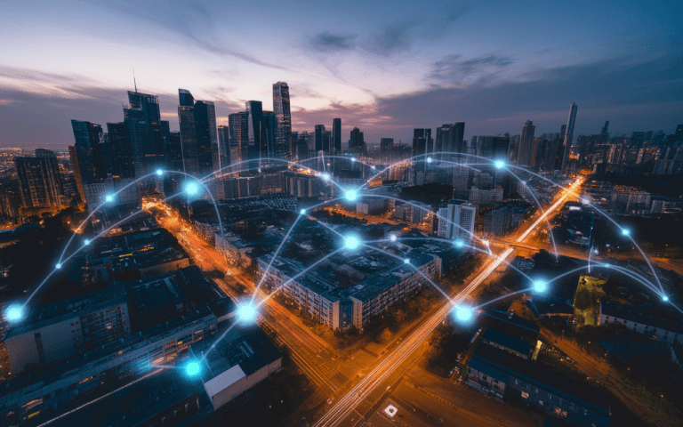 Vue aérienne d'un paysage urbain moderne illuminé la nuit, avec des lumières et connexions numériques symbolisant le flux d'informations, reflet d'une stratégie SEO futuriste en évolution.