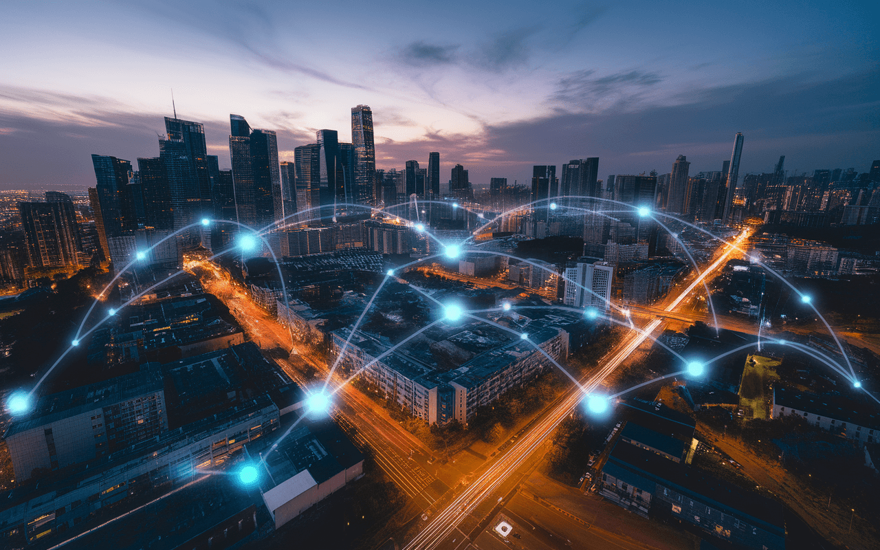 Vue aérienne d'un paysage urbain moderne illuminé la nuit, avec des lumières et connexions numériques symbolisant le flux d'informations, reflet d'une stratégie SEO futuriste en évolution.