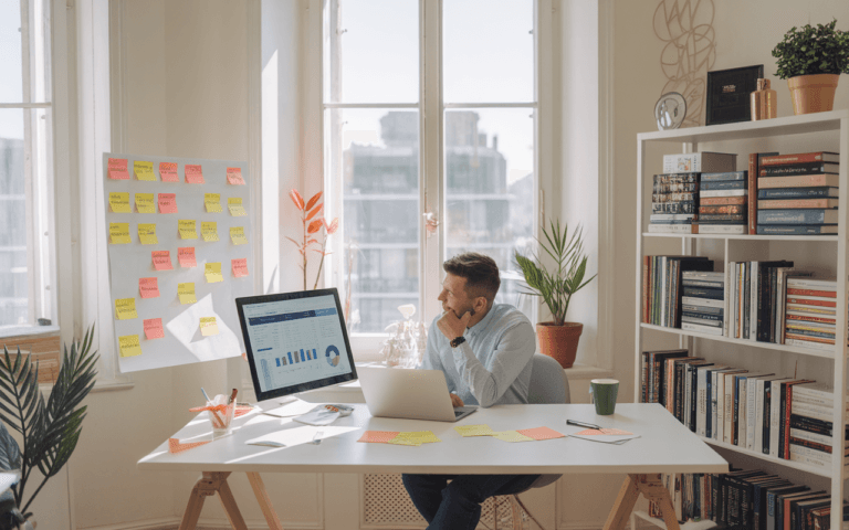 Professionnel du marketing numérique développant une stratégie SEO, entouré de post-its avec des mots clés et des graphiques sur un ordinateur, dans un bureau moderne lumineux.