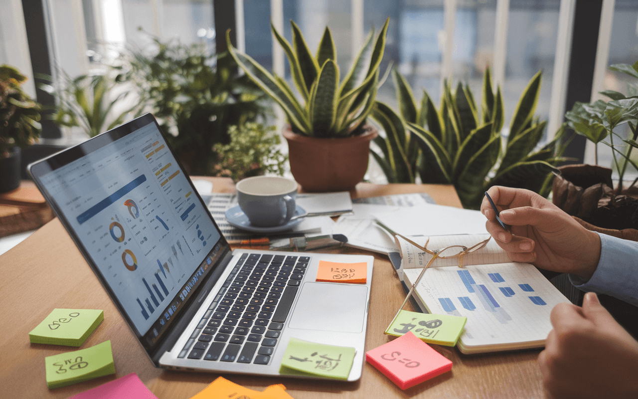 Bureau moderne avec ordinateur portable montrant un tableau de bord analytique entouré de post-it sur la stratégie SEO et symboles monétaires, symbolisant l'analyse entre SEO et publicité payante. Atmosphère professionnelle avec café et carnet graphique.