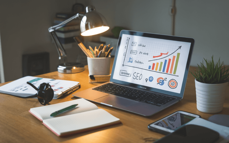 Image d'un bureau moderne avec un ordinateur portable affichant des graphiques de croissance pour améliorer votre stratégie SEO, une loupe comme symbole d'analyse, et un carnet de notes pour les stratégies, avec un tableau blanc en arrière-plan rempli de croquis et mots-clés.
