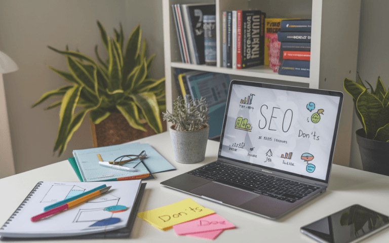 Bureau moderne avec ordinateur portable affichant une interface d'analyse SEO, avec carnet de notes, stylos et notes autocollantes sur la stratégie SEO, étagère en arrière-plan avec livres de marketing numérique et plante verte.