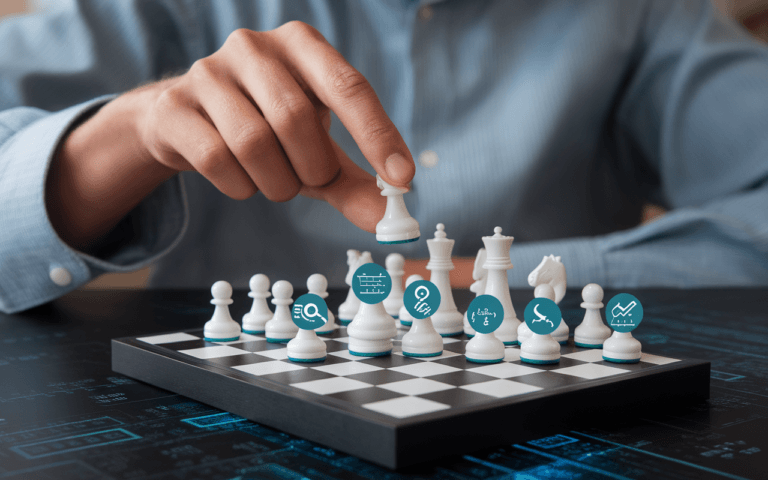 Main posant un échiquier symbolisant la stratégie SEO avec icônes de mots-clés, backlinks et analyse, sur fond numérique rappelant un moteur de recherche.