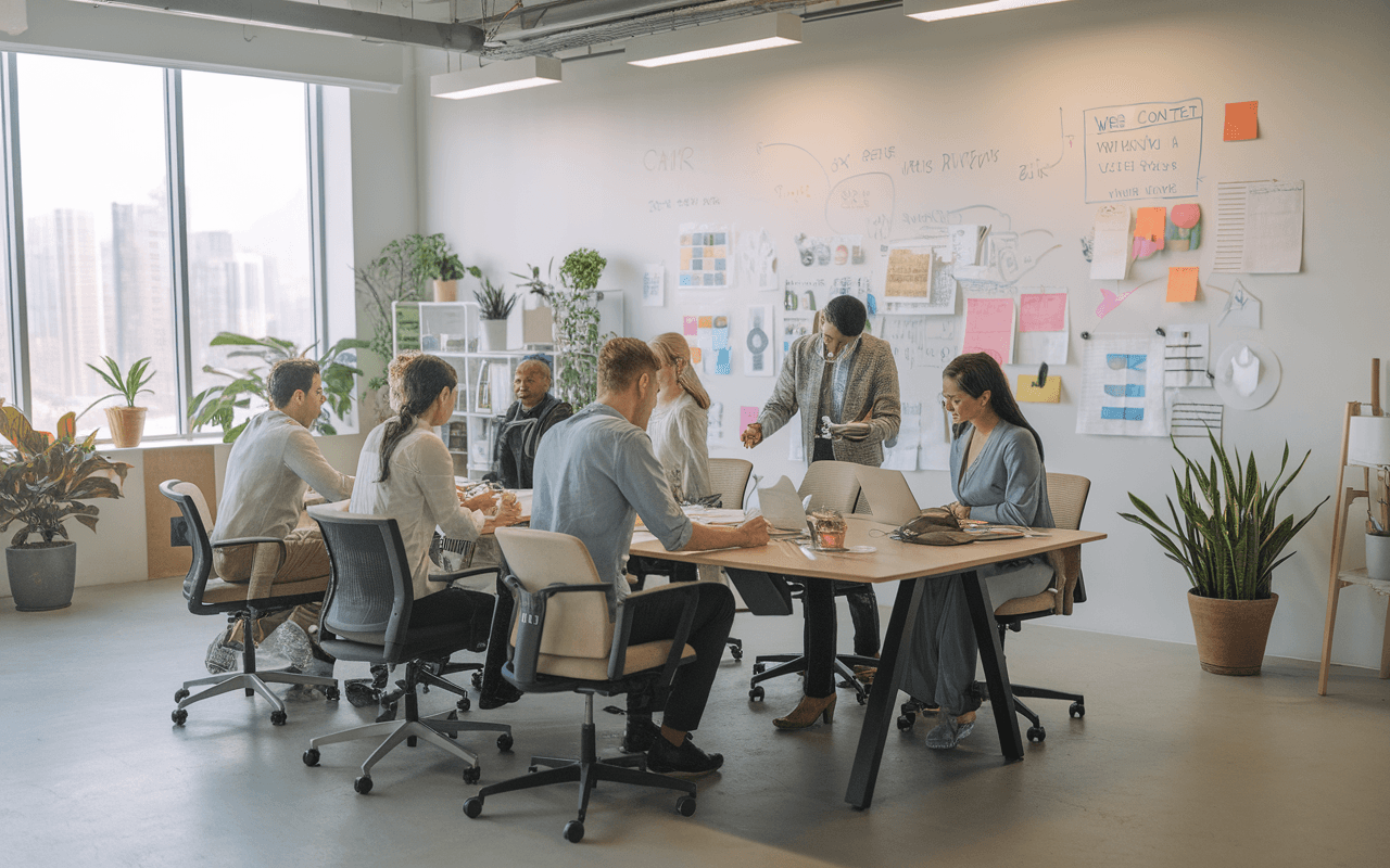 Scène de bureau moderne en 2025 avec des rédacteurs web collaborant autour d'une table, symbolisant l'innovation en agence de rédaction web.