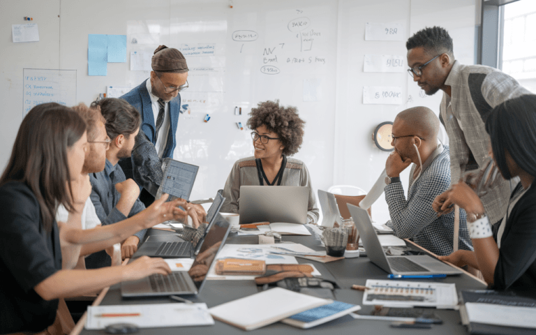 Scène de collaboration dynamique dans une agence de rédaction web moderne avec des professionnels divers autour d'une table de travail, documents et ordinateurs portables, exprimant l'inclusivité et l'innovation.