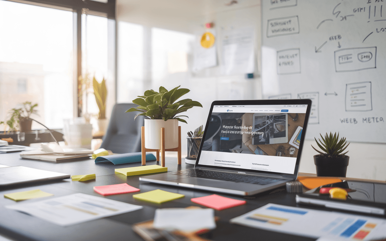 Bureau moderne avec ordinateur portable sur site professionnel, entouré de notes et papiers planifiant le choix d'une agence de rédaction web. Plantes et tableau blanc stratégique en arrière-plan.