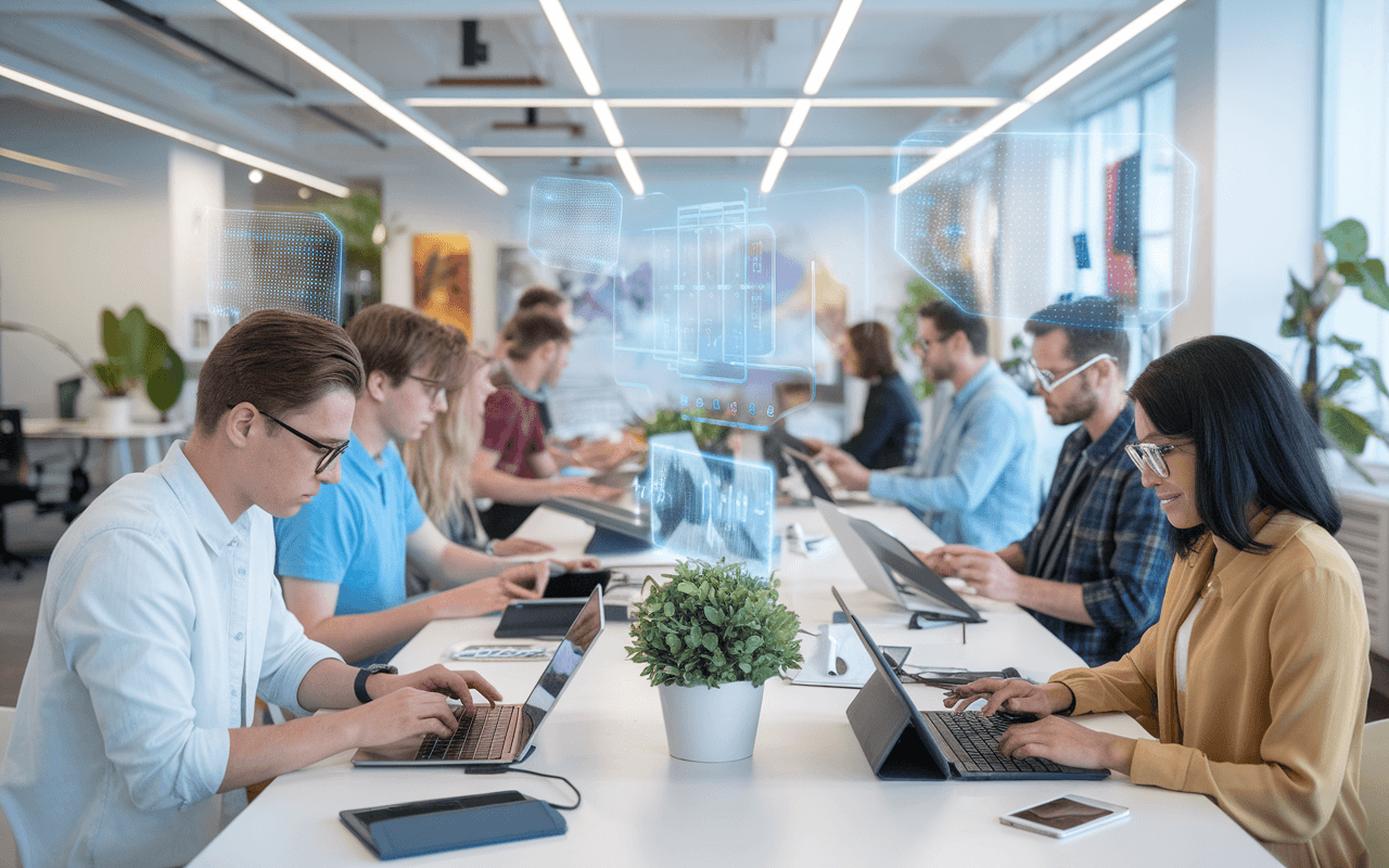 Espace de bureau moderne avec rédacteurs web travaillant sur ordinateurs portables et tablettes, mettant en avant la collaboration et l'innovation; éléments futuristes comme écrans holographiques, idéal pour une agence de rédaction web.