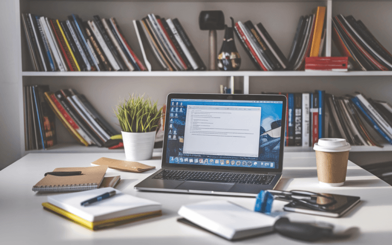Espace de travail moderne d'une agence de rédaction web avec ordinateur portable, carnets, stylos, café, livres sur le marketing digital et communication.