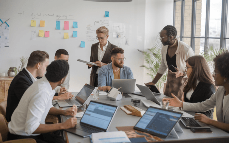 Bureau moderne en France montrant une équipe diverse de rédacteurs web collaborant sur des projets numériques avec une agence de rédaction web.