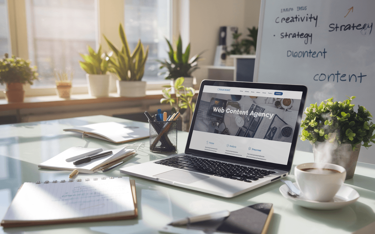 Bureau moderne avec ordinateur sur site d'une agence de rédaction web, carnet d'idées, tasse de café, et tableau blanc avec mots-clés