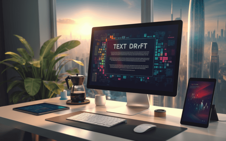 Bureau moderne avec écran d'ordinateur affichant un texte en élaboration, entouré de graphiques colorés, représentant une agence de rédaction web. Accessoires technologiques, cafetière design et plante verte ajoutent confort à cet espace futuriste, avec vue sur une ville baignée de lumière naturelle.