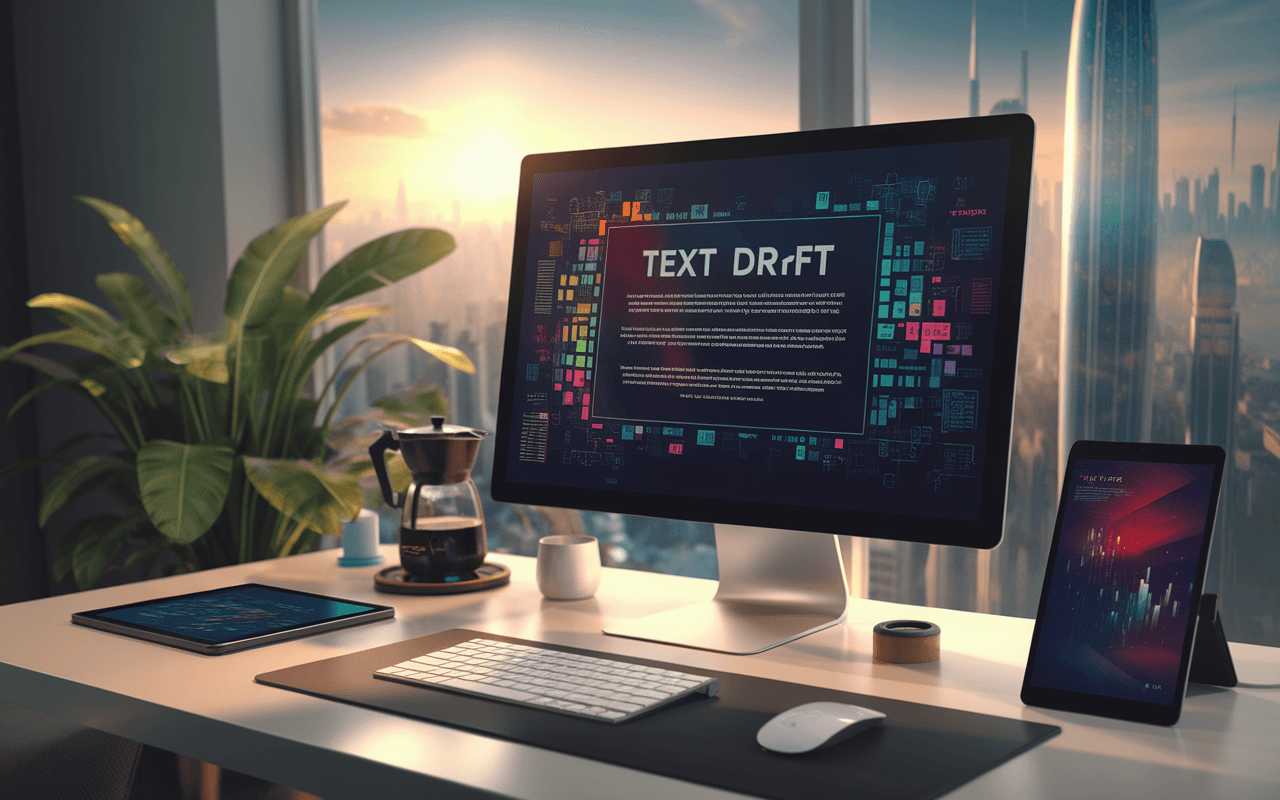 Bureau moderne avec écran d'ordinateur affichant un texte en élaboration, entouré de graphiques colorés, représentant une agence de rédaction web. Accessoires technologiques, cafetière design et plante verte ajoutent confort à cet espace futuriste, avec vue sur une ville baignée de lumière naturelle.