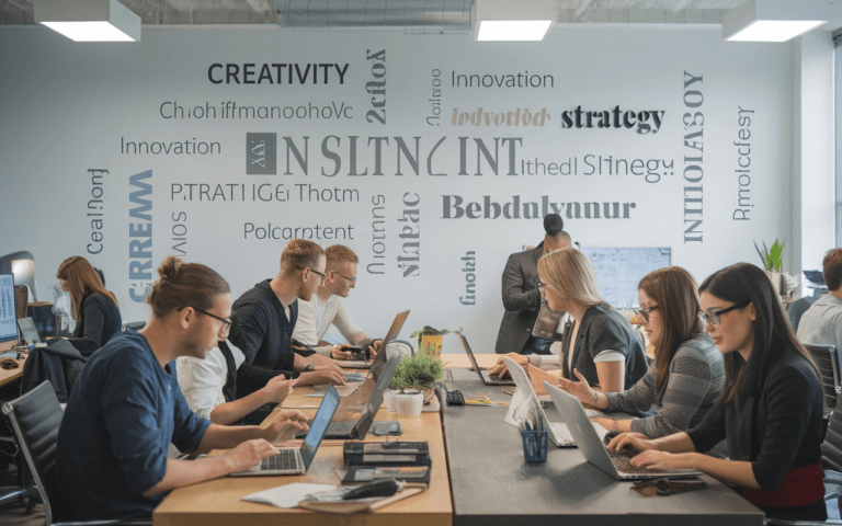 Bureau moderne avec rédacteurs concentrés et collaboratifs, mots-clés sur les murs. Ambiance agence de rédaction web dynamique, éclairage naturel.