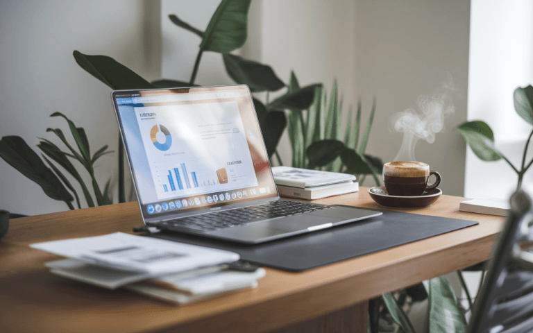 Espace de travail moderne avec ordinateur et statistiques SEO, symbole d'une agence rédaction seo efficace.