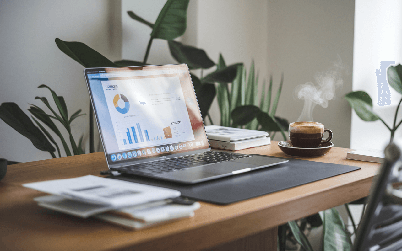 Espace de travail moderne avec ordinateur et statistiques SEO, symbole d'une agence rédaction seo efficace.