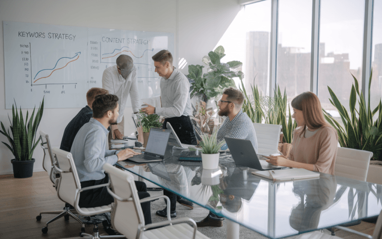 Session de brainstorming dans une agence rédaction SEO moderne avec rédacteurs autour d'une table en verre, plantes vertes et tableau blanc avec mots-clés et stratégies.