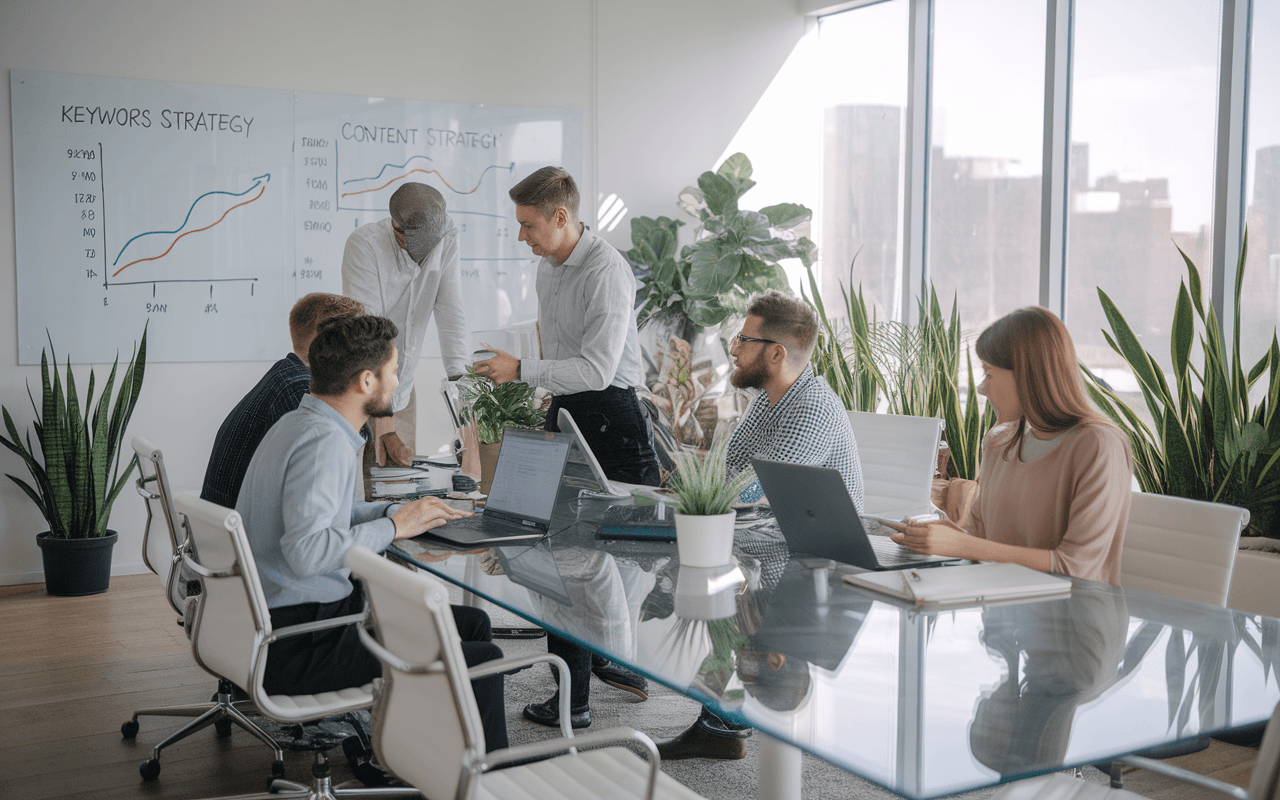 Session de brainstorming dans une agence rédaction SEO moderne avec rédacteurs autour d'une table en verre, plantes vertes et tableau blanc avec mots-clés et stratégies.