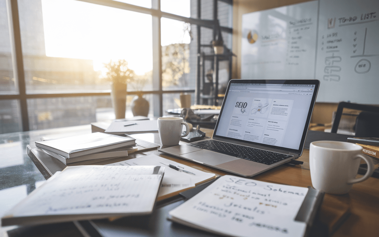 Bureau moderne avec ordinateur et notes SEO, symbolisant le travail d'une agence rédaction SEO.