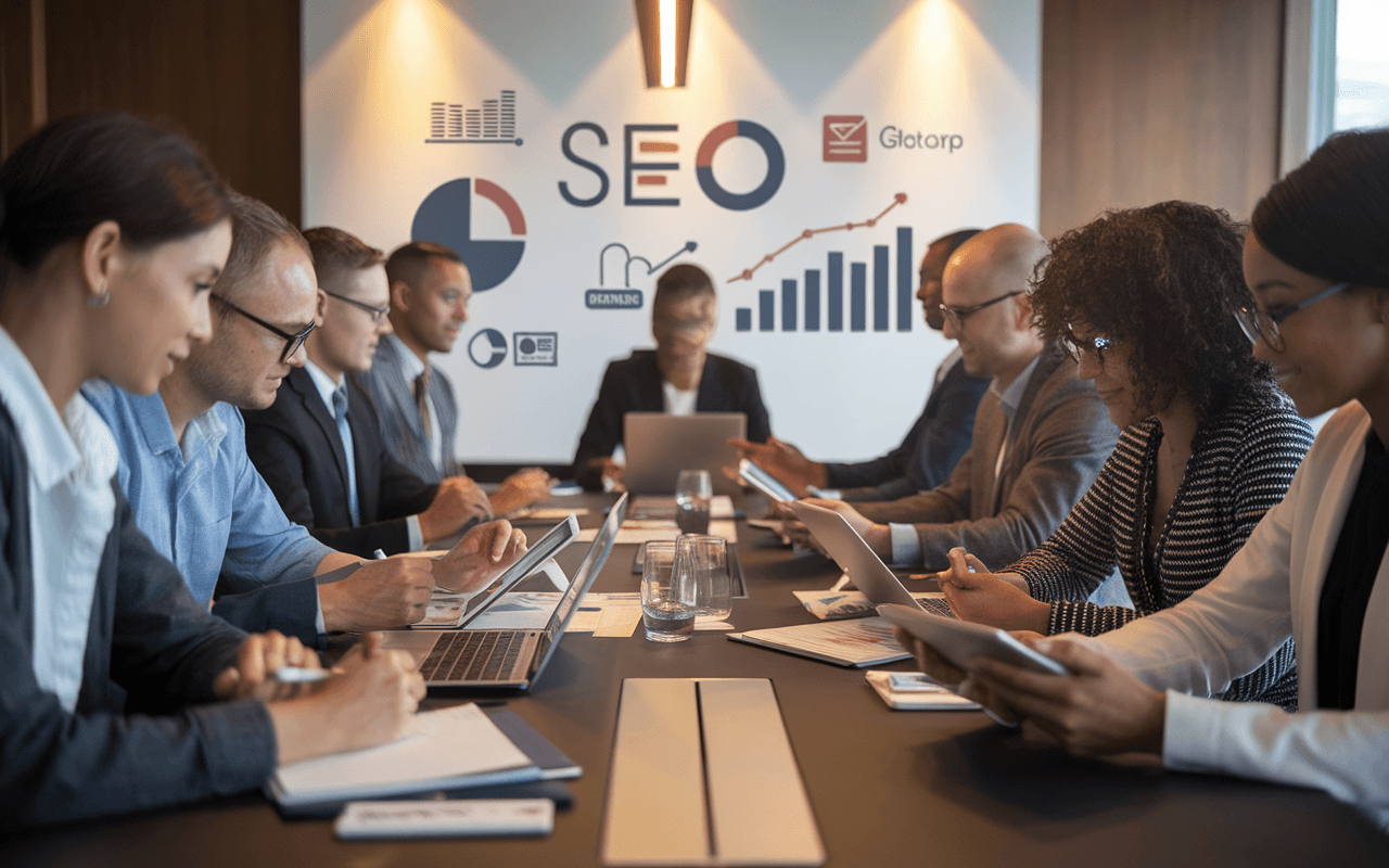 Réunion de professionnels diversifiés dans une agence rédaction SEO, autour d'une table moderne, travaillant sur des stratégies SEO avec ordinateurs, tablettes et tableau blanc illustré.