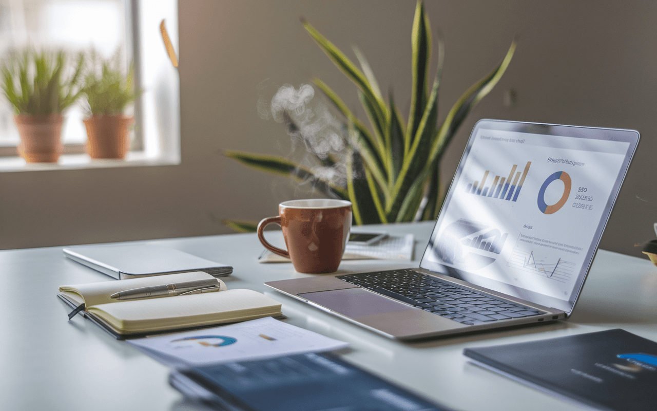 Bureau moderne et organisé avec ordinateur portable affichant des analyses SEO, représentant une agence rédaction seo innovante.