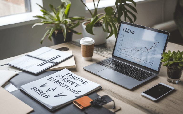 Bureau moderne d'une agence rédaction SEO avec ordinateur affichant graphique de tendances, carnet de mots clés, plante verte et tasse de café, symbole de professionnalisme et créativité.