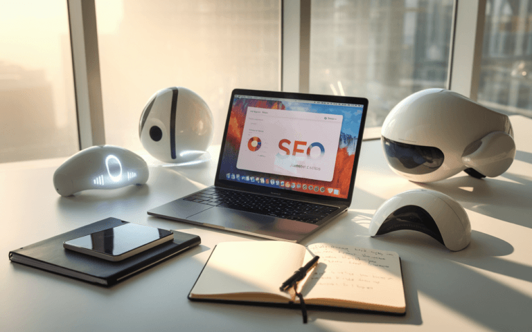 Bureau numérique futuriste en 2025 avec un ordinateur affichant des données analytiques SEO, symbolisant l'innovation en agence rédaction seo.