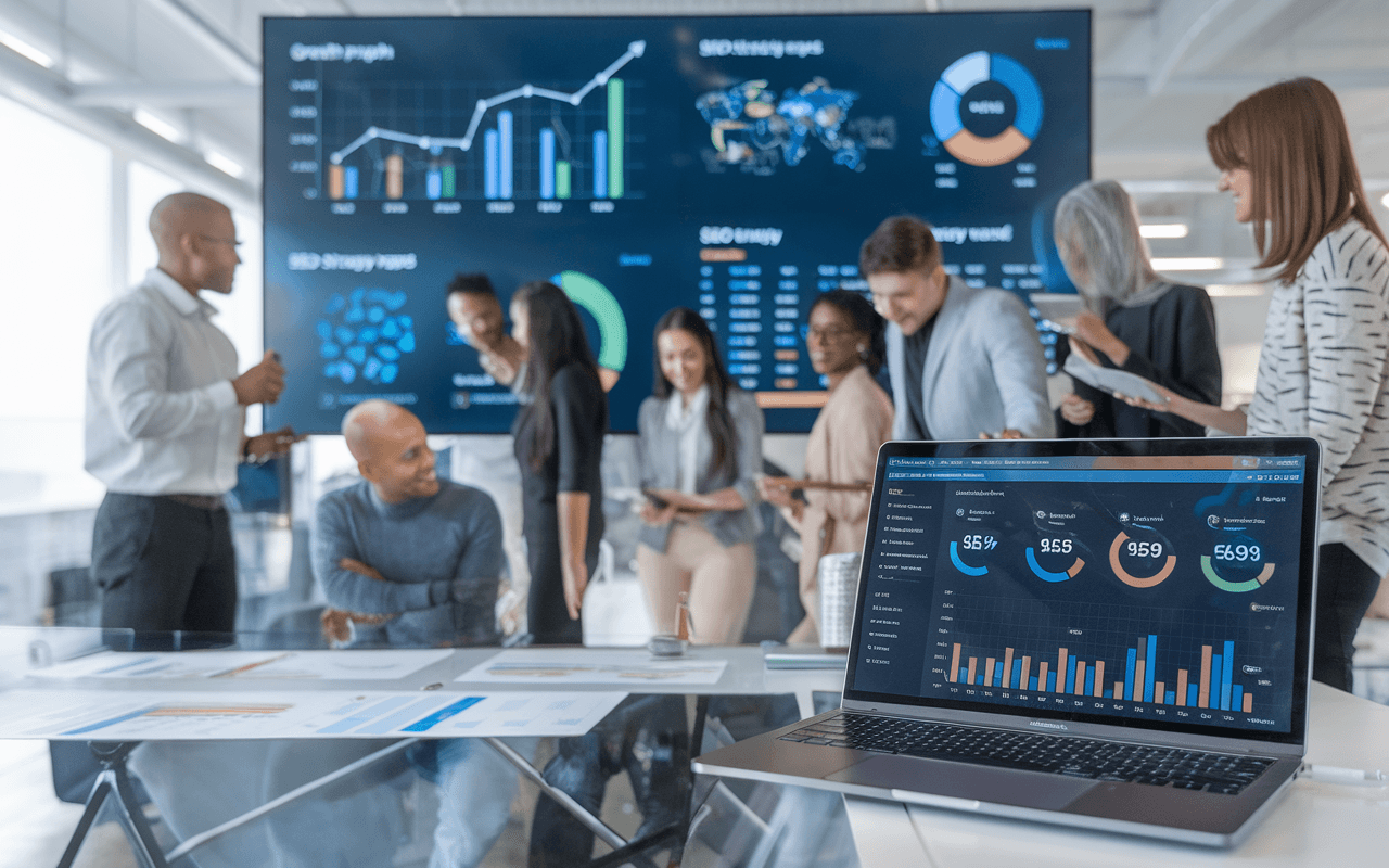 Équipe professionnelle concentrée sur l'agence rédaction SEO, échangeant des idées devant un tableau d'affichage avec graphiques de croissance, ordinateur avec tableau de bord analytique.