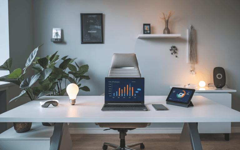 Illustration d'un bureau moderne 2025 avec un ordinateur portable affichant un graphique SEO, symbolisant le progrès d'une agence rédaction SEO. Accessoires high-tech, plantes vertes, et technologie intelligente comme une tablette et des lunettes de réalité augmentée ajoutent une touche avant-gardiste.