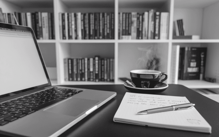 Bureau moderne avec ordinateur portable sur une page blanche, carnet de notes avec manuscrits et stylo élégant, tasse de café fumant, étagère de livres sur l'écriture et le marketing digital, inspirant l'ambiance article de blog exemple.