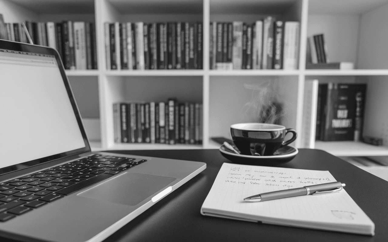 Bureau moderne avec ordinateur portable sur une page blanche, carnet de notes avec manuscrits et stylo élégant, tasse de café fumant, étagère de livres sur l'écriture et le marketing digital, inspirant l'ambiance article de blog exemple.