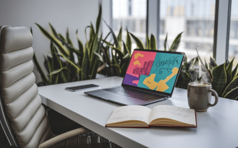 Bureau moderne et minimaliste avec un ordinateur portable affichant des graphiques créatifs, tasse de café fumant, cahier ouvert ; article de blog exemple sur un espace de travail inspirant et lumineux.