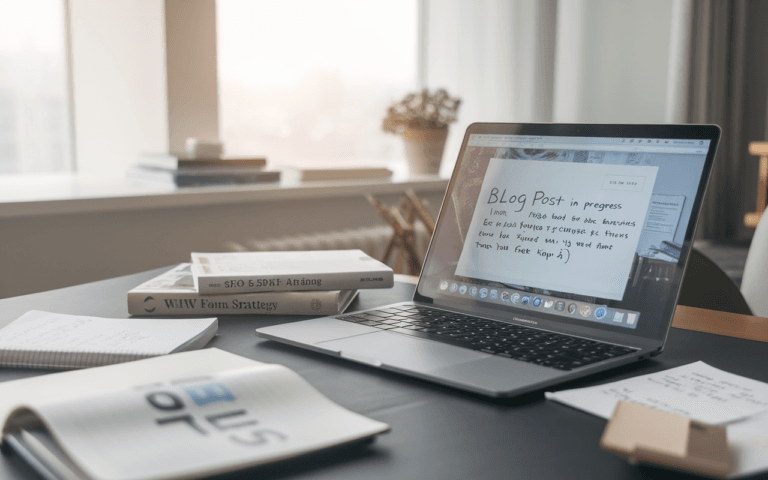 Bureau moderne avec ordinateur montrant un article de blog exemple en rédaction, notes SEO et livres à côté, symbolisant créativité et analyse dans une ambiance professionnelle.