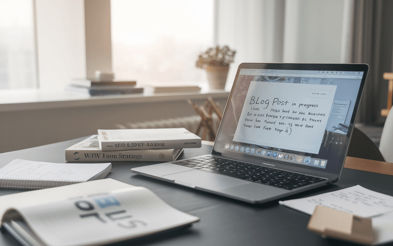 Bureau moderne avec ordinateur montrant un article de blog exemple en rédaction, notes SEO et livres à côté, symbolisant créativité et analyse dans une ambiance professionnelle.
