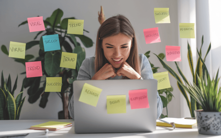 Jeune femme concentrée sur un ordinateur portable dans un bureau moderne, entourée de post-it inspirants pour la création d'un article de blog exemple.
