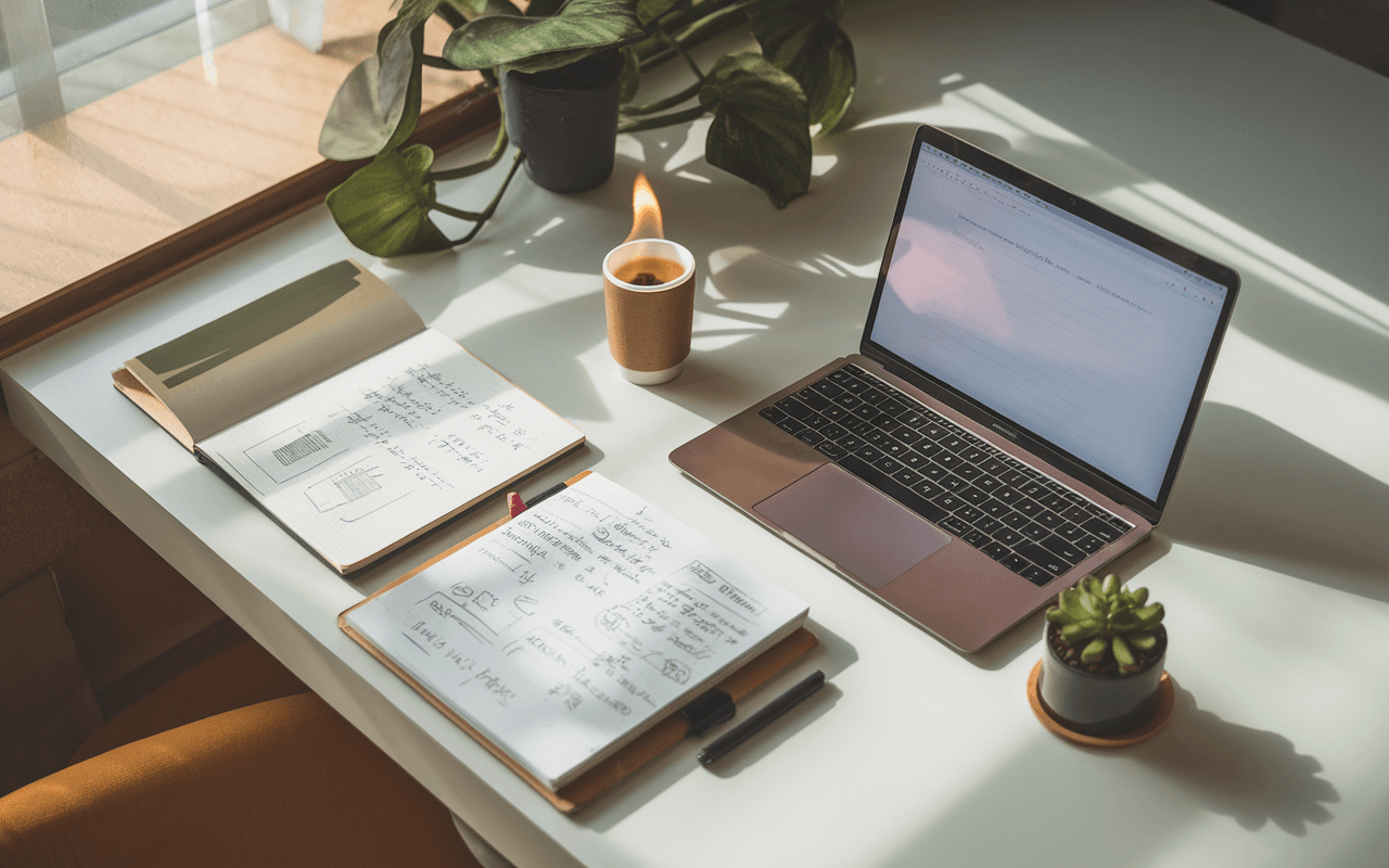 Bureau moderne bien organisé vu de haut avec ordinateur, carnet, café et plante, inspirant pour la création d'un article de blog.