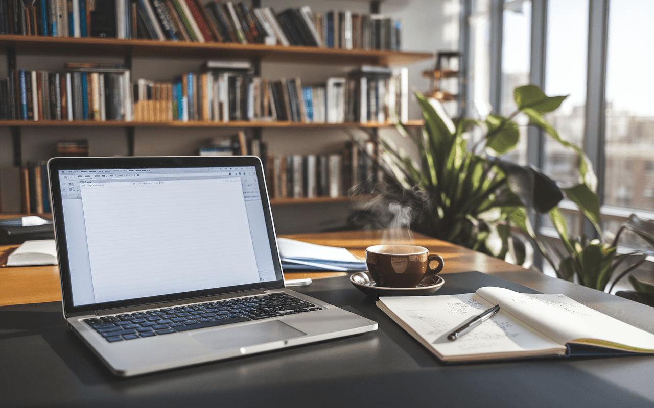 Bureau moderne avec ordinateur portable, carnet manuscrit et tasse de café, idéal pour rédiger un article de blog inspirant.