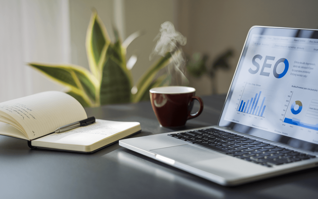 Bureau moderne avec un ordinateur portable affichant des graphiques de données SEO, carnet ouvert avec notes, plante verte et tasse de café, illustrant l'optimisation d'un article de blog.
