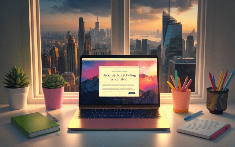 Bureau minimaliste moderne avec ordinateur portable affichant une plateforme de blog c'est quoi, entouré de décoration tendance et vue urbaine futuriste, inspirant la créativité.