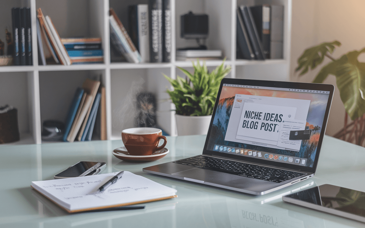 Bureau moderne avec ordinateur portable affichant blog en cours, carnet de notes, café et livres sur marketing, illustrant