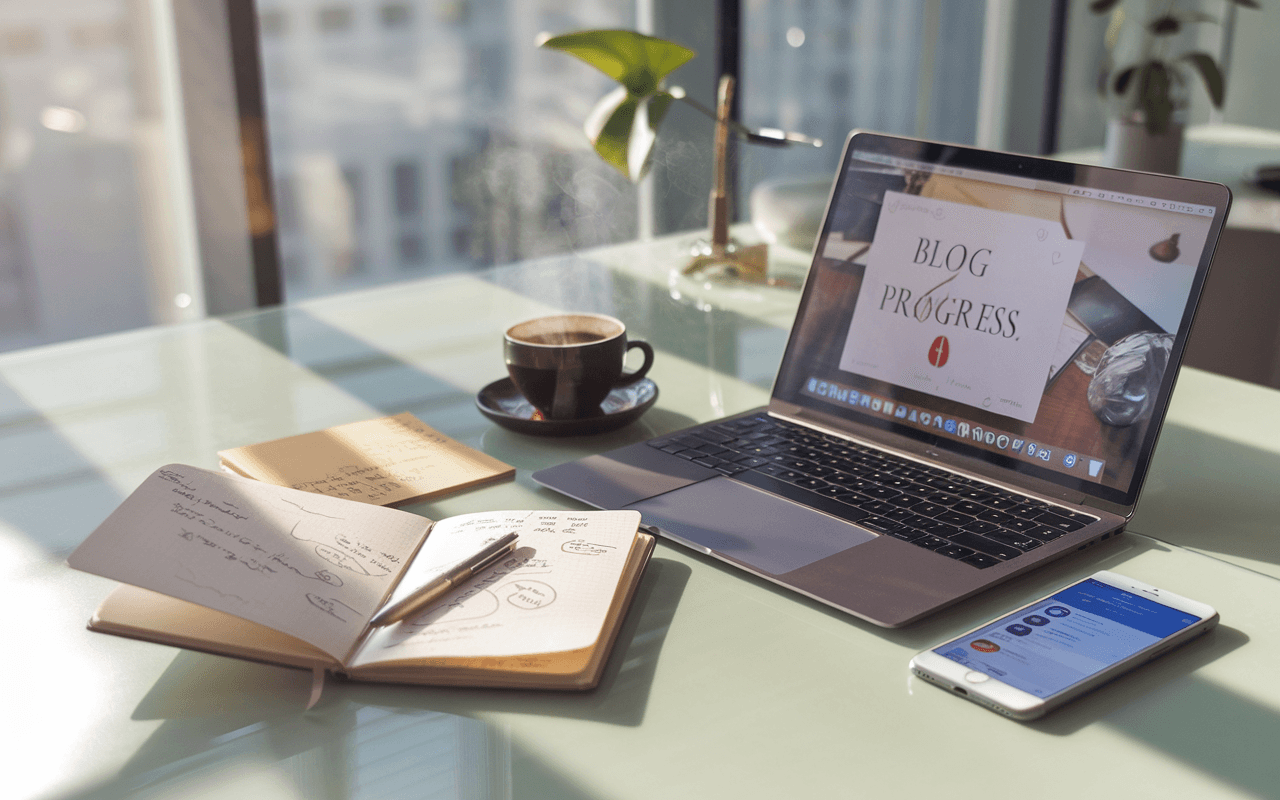 Blog c'est quoi : bureau moderne avec ordinateur portable affichant une page de blog en rédaction, notes manuscrites, carnet d'idées, café, smartphone avec notifications réseaux sociaux.