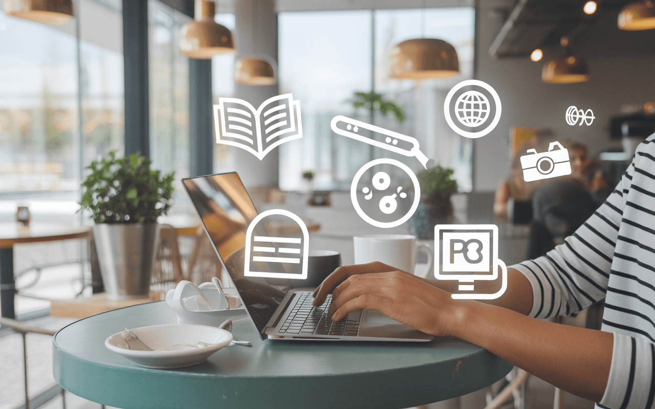Personne tapant sur un ordinateur portable dans un café moderne entourée de pictogrammes de blogs représentant littérature, cuisine, voyage, photographie et fitness flamboyants et lumineux. Blog c'est quoi.