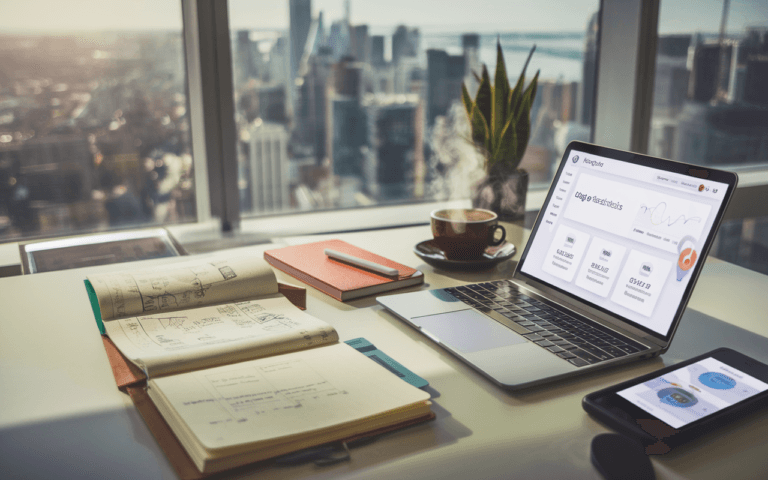 Bureau moderne avec un ordinateur portable montrant un tableau de bord de statistiques de blog c'est quoi, entouré de carnets, d'un smartphone avec notifications sociales, et d'une tasse de café, offrant une vue urbaine animée.