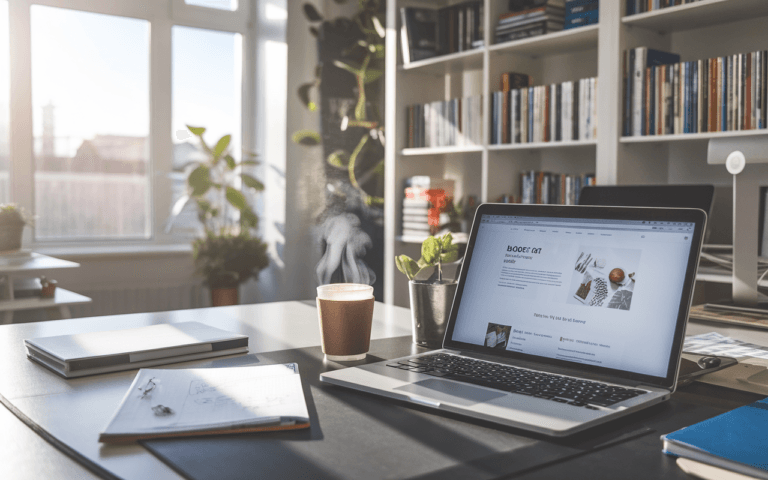 Bureau moderne avec ordinateur affichant un blog c'est quoi, carnet de notes et café fumant, idéal pour inspiration créative.