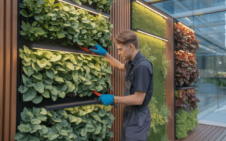 Jardinier moderne soignant un jardin vertical luxuriant avec des outils high-tech, fusionnant nature et vie urbaine ; guide pour blog comment faire un jardin vertical en 2025.