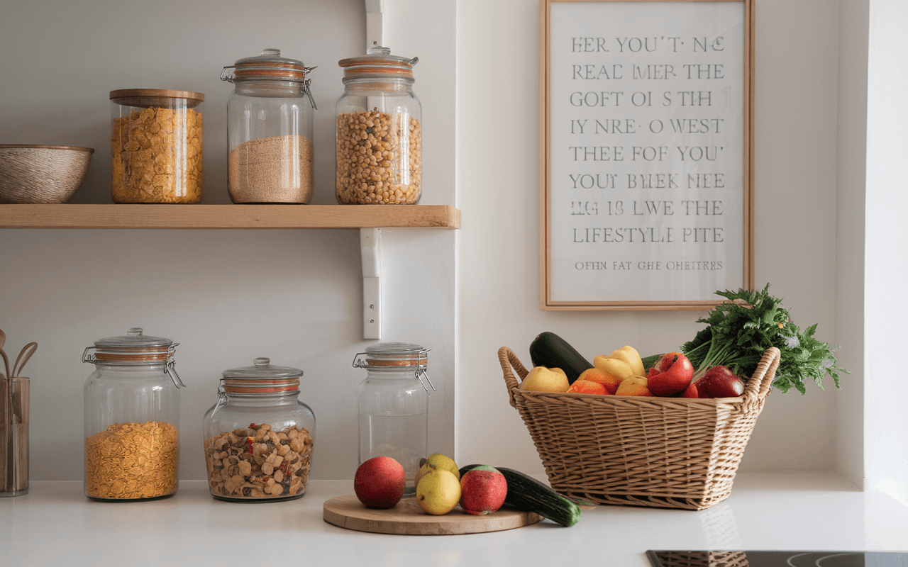 Cuisine moderne avec bocaux en verre pour aliments secs et panier en osier de fruits frais, parfait pour le mode de vie zéro déchet. Découvrez sur notre blog comment faire cette transition vers le zéro déchet en 2025.