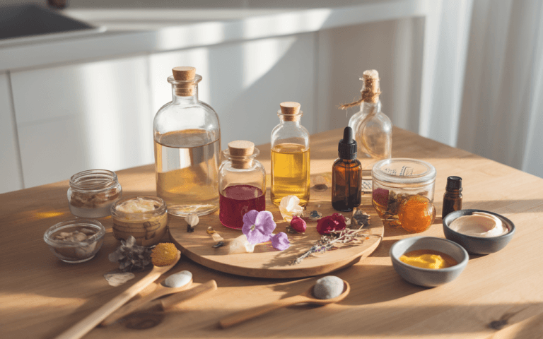 Comment créer des cosmétiques naturels faits maison : des bouteilles et bocaux en verre avec des ingrédients sur une table en bois dans une cuisine moderne.