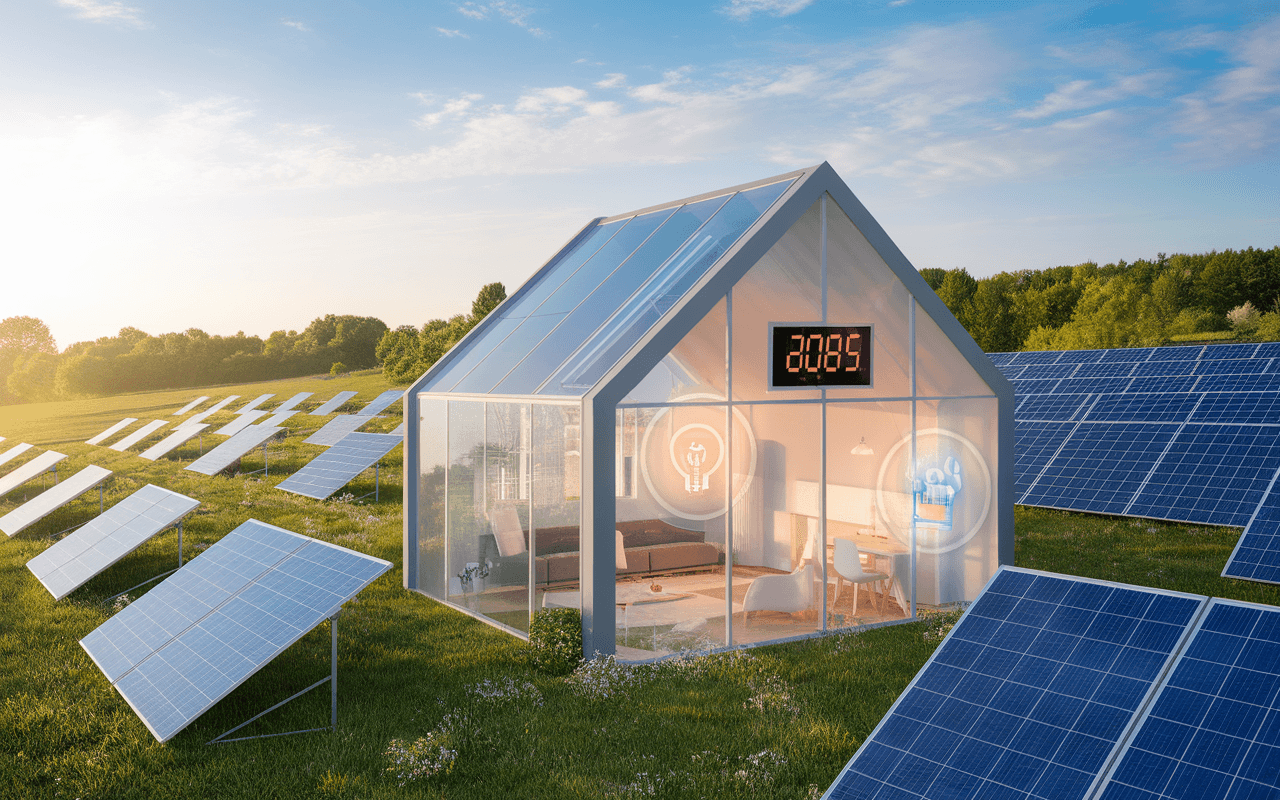 Maison moderne éco-énergétique avec panneaux solaires, gestion intelligente de l'énergie et compteur numérique, paysage verdoyant, blog comment faire.